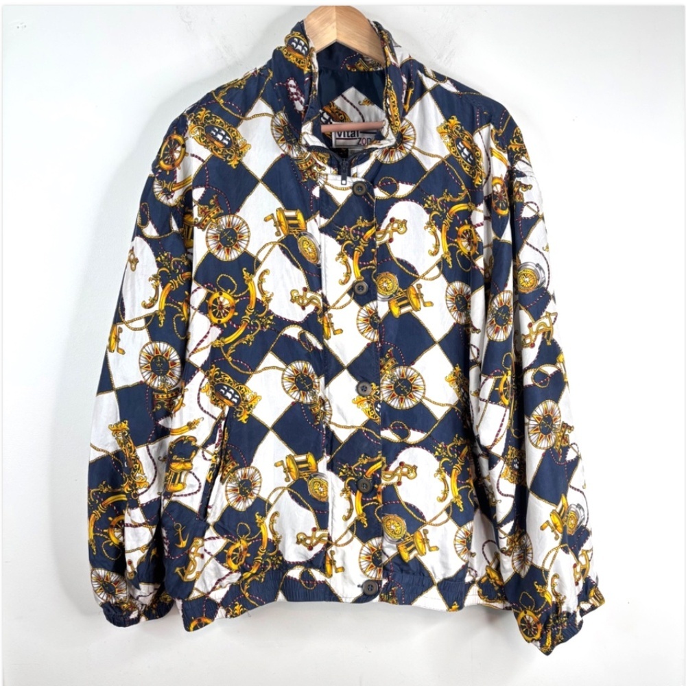 VTG 90s Vital Zone 100% Silk Bomber Jacket XL Nautical Baroque Coastal Grandma